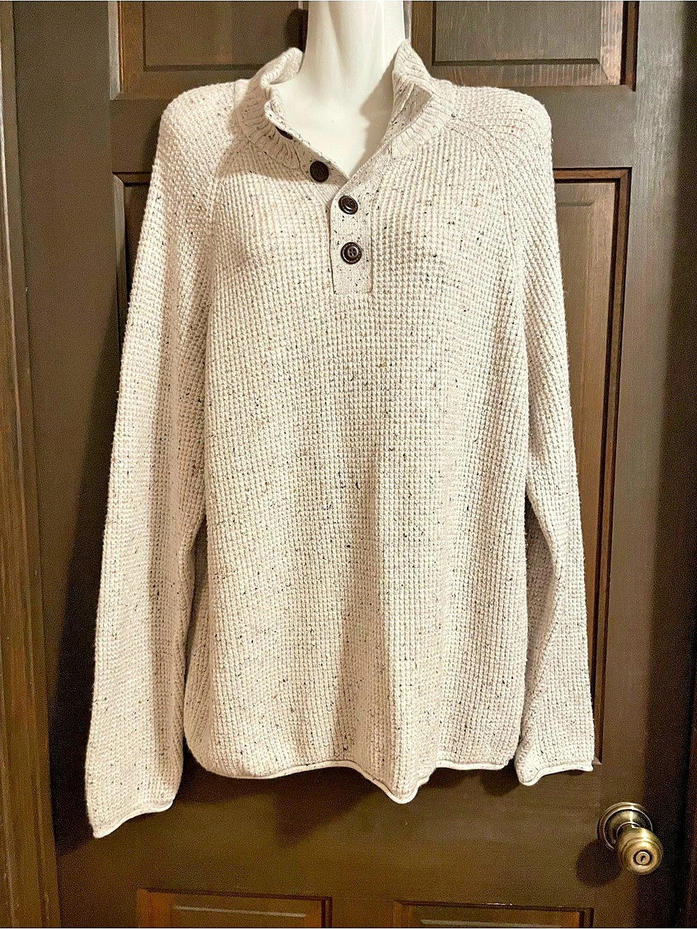 Weatherproof Vintage Speckled Knit Henley in Cream Large